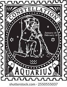 AQUARIUS horoscope sign vectorized hand draw, postage stamp