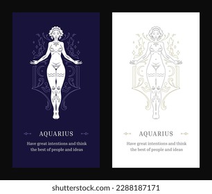 Aquarius horoscope symbol antique woman goddess zodiac line art deco poster design template set vector illustration. Astrological character myth esoteric celestial magic description future prediction