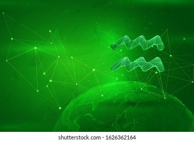 Aquarius horoscope symbol over a polygonal planet, on a green background. global data calculation