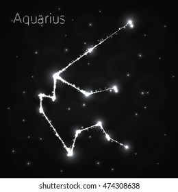 Aquarius Illustration Icon, Lights Silhouette on Dark Background. Glowing Lines and Points