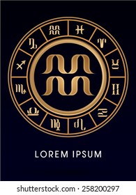 Aquarius ,Luxury 12 Zodiac wheel cycle sign, designed using gold line color on dark blue background, logo, symbol, icon, graphic, vector.