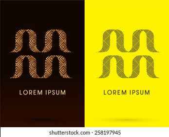 Aquarius ,Luxury Zodiac sign, designed using gold, bronze and black line square geometric shape on dark brown and yellow background, logo, symbol, icon, graphic, vector.