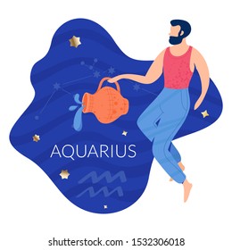 Aquarius man zodiac and horoscope concept. Modern vector art with bearded man profile. Illustration for horoscope and astrology apps, dating websites, astrology predictions.