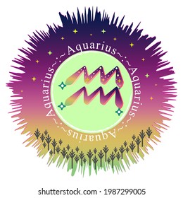 Aquarius moon sign. Zodiac sign label. Astrology vector. Aurora gradient burst. Stars pattern. Horoscope symbol. Vedic sign title. Astrology badge. Astronomy sticker. Stock illustration.