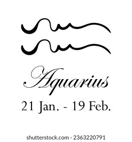 Aquarius with name and dates. Horoscope with 12 zodiac signs. From January 21 to February 19. Astrology, fortune telling, constellation, stars, ascendant, pseudoscience, natal chart. Italic style