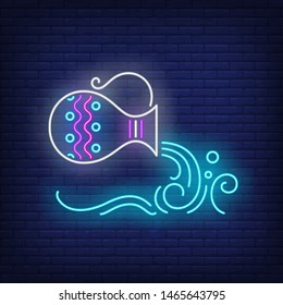 Aquarius neon sign. Water bearer, jug, pouring. Astrological sign concept. Vector illustration in neon style, glowing element for topics like zodiac, astrology, horoscope