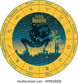 aquarius on the background urban night landscape and the starry sky in circle with the signs of the zodiac