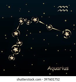 Aquarius on a dark blue background, surrounded by stars. Constellation connected lines and decor.