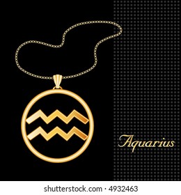 Aquarius Pendant Necklace with gold chain, for the astrology Air Sign, textured black background. EPS8 compatible.