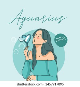 Aquarius : Pretty girl with horoscope sign on pastel background :Vector Illustration