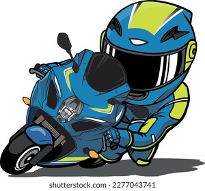 Carrera de la motocicleta deportiva Aquarius Racer en curva con la mascota de la caricatura