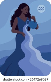 Sinal de Aquário. Horóscopos. Ilustração vetorial de uma bela mulher com uma jarra da qual flui a água. Símbolo de inspiração, intuição, ideias, liberdade. Uso para impressão, redes sociais, astrologia