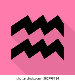 Aquarius sign illustration. Black icon with flat style shadow path on pink background.