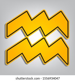 Aquarius sign illustration. Flat orange icon with overlapping linear black icon with gray shadow at whitish background. Illustration.