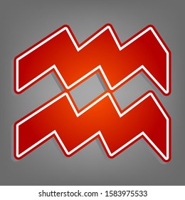 Aquarius sign illustration. Flat red icon with linear white icon with gray shadow at grayish background. Illustration.