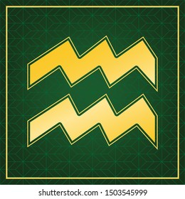 Aquarius sign illustration. Golden icon with gold contour at dark green gridded white background. Illustration.