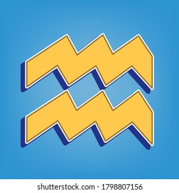 Aquarius sign illustration. Golden Icon with White Contour at light blue Background. Illustration.