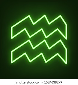 Aquarius sign illustration. Green neon icon in the dark. Blurred lightening. Illustration.