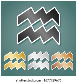 Aquarius sign illustration. Set of metallic Icons with gray, gold, silver and bronze gradient with white contour and shadow at viridan background. Illustration.