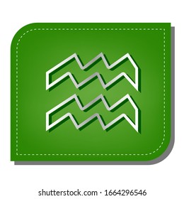 Aquarius sign illustration. Silver gradient line icon with dark green shadow at ecological patched green leaf. Illustration.