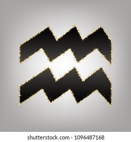 Aquarius sign illustration. Vector. Blackish icon with golden stars at grayish background.