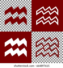 Aquarius sign illustration. Vector. Bordo and white icons and line icons on chess board with transparent background.