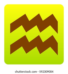 Aquarius sign illustration. Vector. Brown icon at green-yellow gradient square with rounded corners on white background. Isolated.