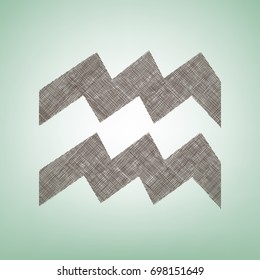 Aquarius sign illustration. Vector. Brown flax icon on green background with light spot at the center.
