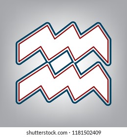 Aquarius sign illustration. Vector. Dark red, transparent and midnight green stroke of white icon at grayish background.