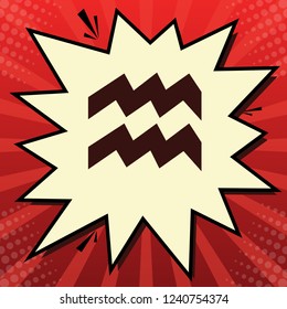 Aquarius sign illustration. Vector. Dark red icon in lemon chiffon shutter bubble at red popart background with rays.