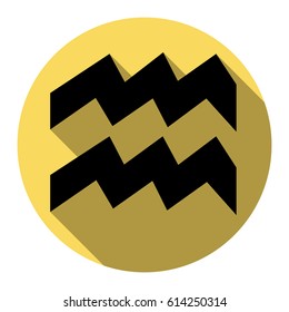 Aquarius sign illustration. Vector. Flat black icon with flat shadow on royal yellow circle with white background. Isolated.