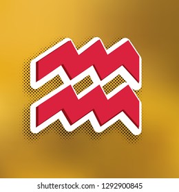 Aquarius sign illustration. Vector. Magenta icon with darker shadow, white sticker and black popart shadow on golden background.