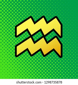 Aquarius sign illustration. Vector. Pop art orange to yellow dots-gradient icon with black contour at greenish background.