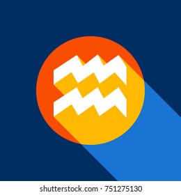 Aquarius sign illustration. Vector. White icon on tangelo circle with infinite shadow of light at cool black background. Selective yellow and bright navy blue are produced.