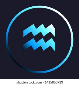 Aquarius sign illustration. White, cyan and blue gradient icon as round button in white shell at dark blue background. Illustration.