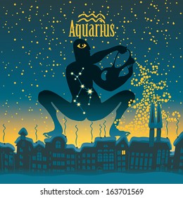 Aquarius sign in the starry sky night city