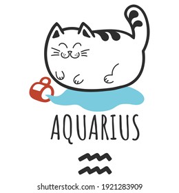 Aquarius sign of the zodiac, Cat zodiac, Astrological Sign. Cat horoscope. Zodiac of pets. The hand drawing is isolated on a white background