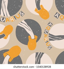 Aquarius signs seamless pattern. Сolored zodiac sign on a gray shabby background. Zodiac pattern original design. Vector shabby hand drawn illustration