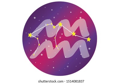 Aquarius signs, zodiac background, beautiful and simple vector images amidst starry galaxies along with the Aquarius constellation on the spherical front with the Aquarius symbol sign.