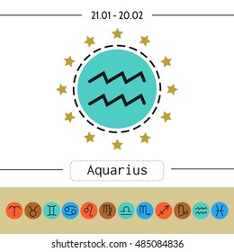 Aquarius. Signs of zodiac, flat linear icons for horoscope, predictions.