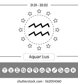 Aquarius. Signs of zodiac, flat linear icons for horoscope, predictions.