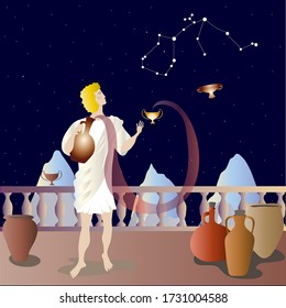 Aquarius stands with a jug on the balcony under the starry sky. Constellation Aquarius. Zodiac.