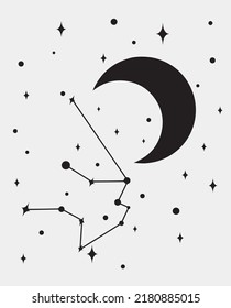 Aquarius star constellation with moon and stars. Simple minimalistic magical vector art.