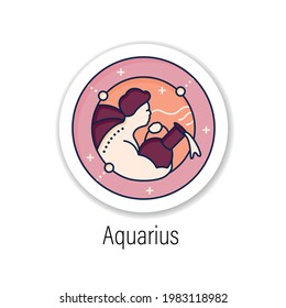 Aquarius sticker icon.Eleventh fire sign in zodiac.Water Bearer birth symbol.Mystic horoscope sign badge for designs. Astrological science vector emblem