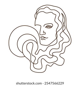 Aquarius symbol continuing one line illustration, featuring a flowing face and wavy lines water. Perfect for astrology posters, zodiac-themed designs, or minimalist decor