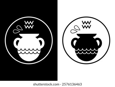 Aquarius and symbol icon. Vector illustration. Simple black and white design. Icon set.
