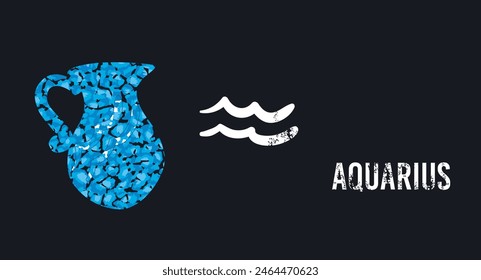 Aquarius. T-shirt design of the Aquarius symbol next to a blue Greek jug on a black background.