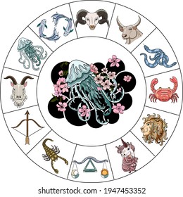 Aquarius vector of Astrology design.horoscope circle with signs of zodiac set vector.signs such as a aries, taurus, gemini, cancer, leo, virgo, libra, scorpio, sagittarius, capricorn,aquarius, pisces.