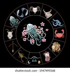 Vector acuario de diseño Astrológico.circulo horoscopio con signos de vector de conjunto zodiaco.signos como arrieros, taurus, gemini, cáncer, leo, virgo, libra, escorpio, sagittarius, capricornio, aquarius, pisces.