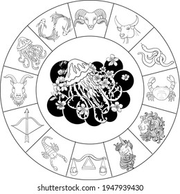 Aquarius vector of Astrology design.horoscope circle with signs of zodiac set vector.signs such as a aries, taurus, gemini, cancer, leo, virgo, libra, scorpio, sagittarius, capricorn,aquarius, pisces.
